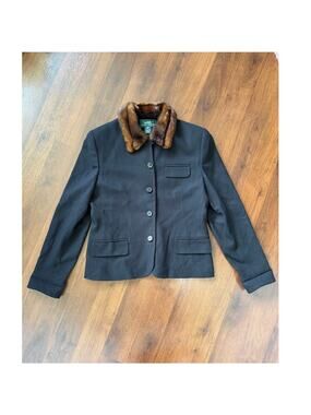 Vintage Lauren Ralph Lauren Wool Blazer Jacket Faux Fur Collar Black Sz 14
